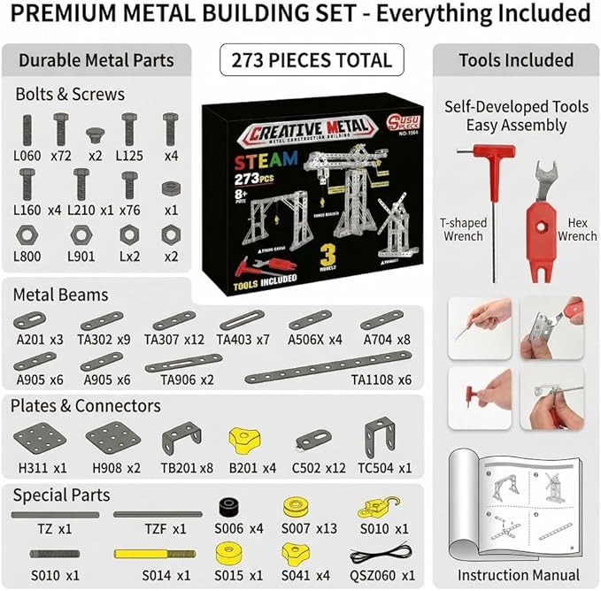 Metal Building Toys 273pcs 3 in 1 Tower Crane &amp Frame Crane &amp Windmill Metal Model SetErector Sets for Boys Age 8-12DIY Building Stem Projects Toys for KidsBirthday Gifts for Model Crane F