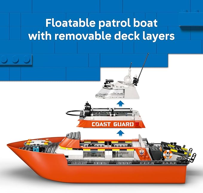 LEGO City Coast Guard Rescue Boat &amp Helicopter Building Toys - Kids Pretend Play Set for Boys &amp Girls Ages 7+ - W/2 Rescue Boat Toys 5 Minifigures &amp Dog Figure - Gift Idea for Birthdays