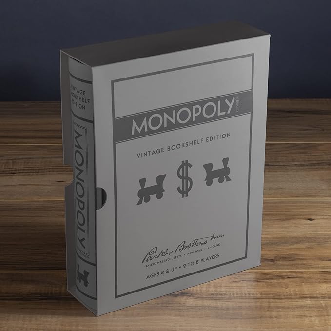 WS Game Company Monopoly Vintage Bookshelf Edition Board Game Premium Fabric-Wrapped Book Storage Box with Retro Graphics Wooden Houses Strategy Board Games for Kids Adults &amp Family Ages 8+