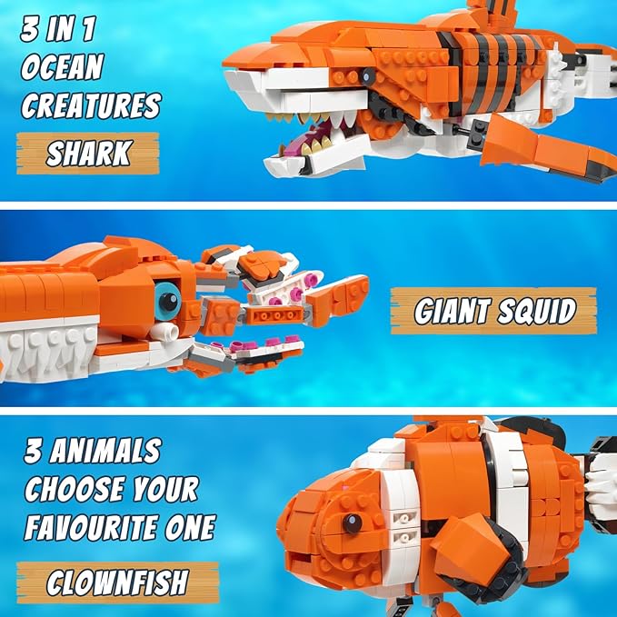 3 in 1 Ocean Creatures Building Set Compatible with Lego 630 Accessory Shark Giant Squid Clownfish Build 3 Animal in 1 Set Gift for Birthday 566Pcs