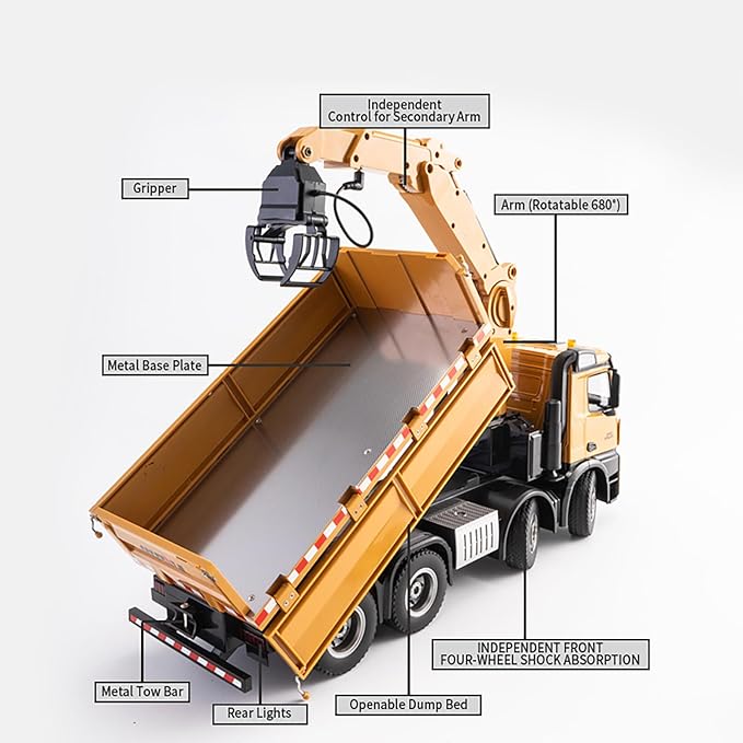 20-Inch 3 in 1 Remote Control Dump Truck Wood Grabber 26-Channels 1/14 Scale 6.6LBS Load Capacity RC Heavy Duty Metal Construction Vehicles Toy for 14y+ Beginners (8 Wheels)