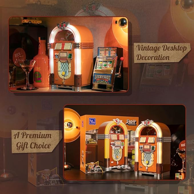 PANTASY Retro Jukebox Building Kit with Coin &amp Sound Function Mechanical Music Box Model with Acrylic Records Recording Studio &amp Minifigure Collectible Construction Toy Gift for Adults and