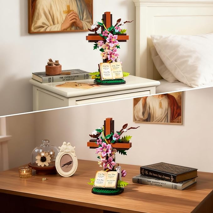 Jesus Cross Flower Building Set Religious Cross Collectibles Compatible with Lego Jesus Catholic Building Toys Easter Christian Birthday Gifts for Mothers Women or Adults (568 PCS)