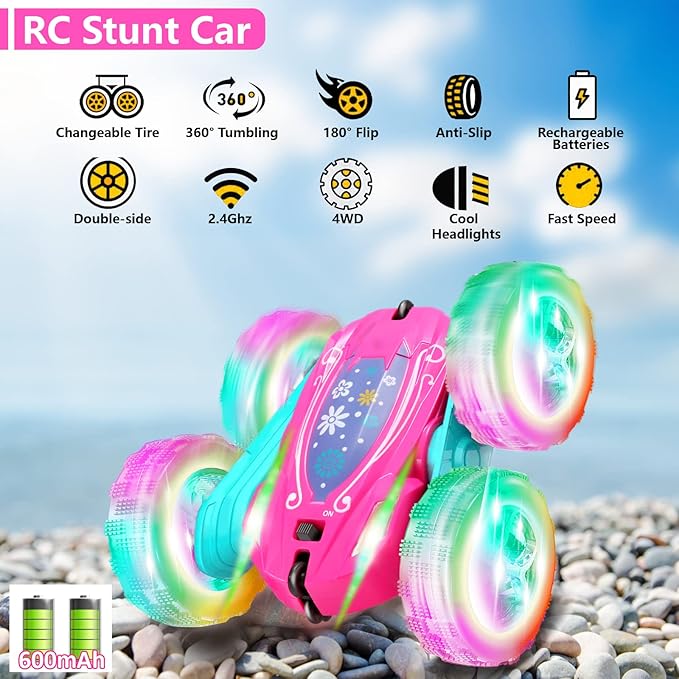 FREE TO FLY Remote Control Car for Girls : Pink RC Car Double Sided 360°Flip Stunt Cars with Headlights &amp WheelLights Rechargeable Toy Car Birthday Gifts for Girl Kids Age 6 7 8 9 10 11 12 Year Ol