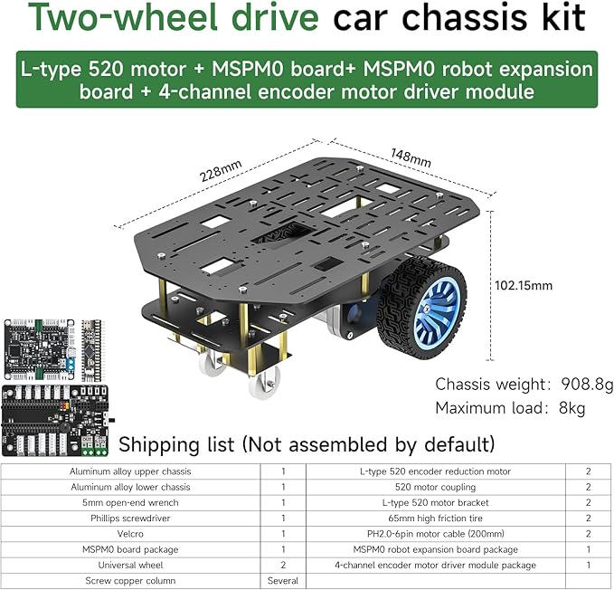 Yahboom Smart Chassis Car 2WD Kit with 520 Encoder MotorAluminum Alloy Framewith Expansion Board Driverfor DIY Educational Robot Car Kit(Unassembled) Without Battery