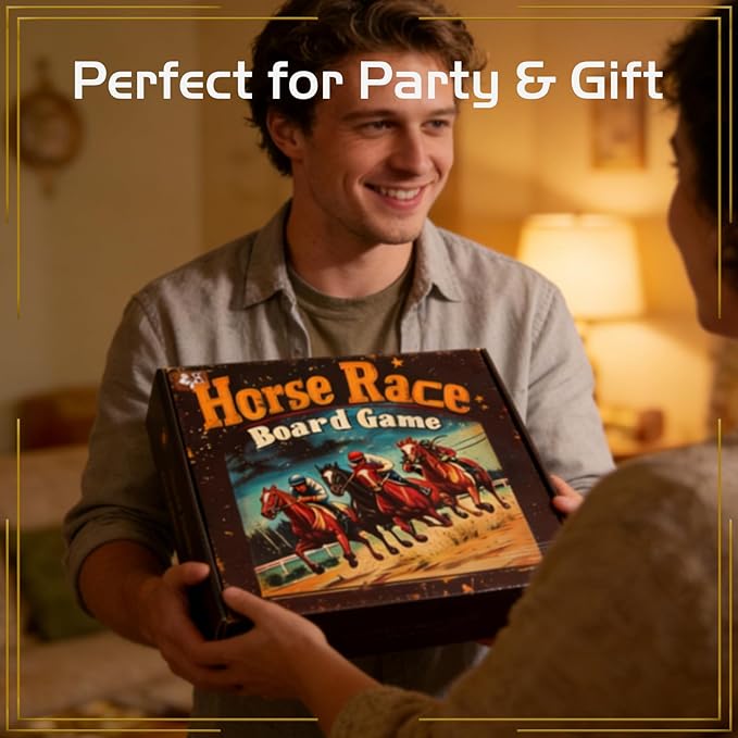 Horse Race Board Game Solid Wood Foldable Racing Board with 11 Metal Horses 2 Dice and 2 Boxes of Cards Portable Travel Game for Family Parties and Holiday Gatherings