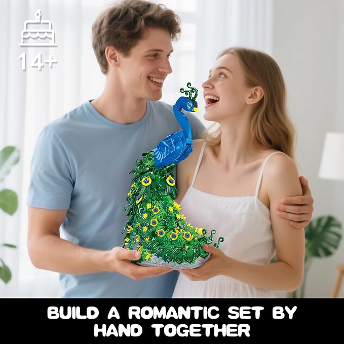 Peacock Flowers Building Set 807PCS Peacock Creative Bird Model Home Deocr and Office Art Gift for Mom Women Girlfriend Adults 14+ (Compatible with Major Brand)