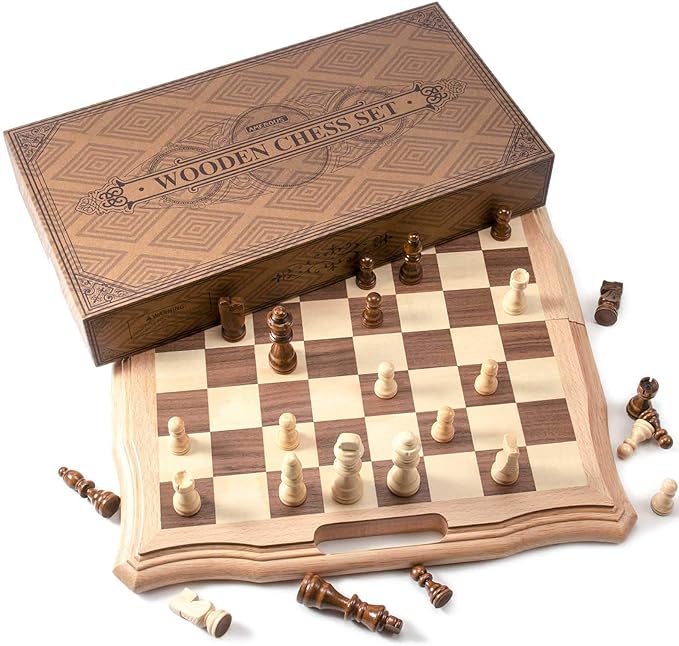 AMEROUS 15.6 inches Magnetic Wooden Chess Set Handheld Style Chess Board Game Sets with Game Pieces Storage Slots - 2 Extra Queens - Gift Package Chess for Beginner Kids and Adults