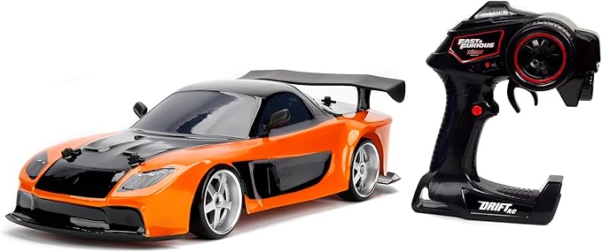 Jada Toys Fast &amp Furious Han’s Mazda RX-7 Drift RC Car 1: 10 Scale 2.4Ghz Remote Control Orange &amp Black Ready to Run USB Charging (Standard) (99700)