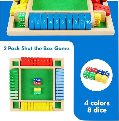 2 Pack Shut The Box Game 2-4 Play Wooden Dice Math Games for Adults and Kids Shut The Box Board with 8 Dices for Classroom Home Party Pub