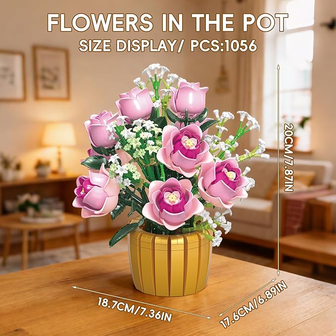 Pink Rose Flower Building Set Botanical Flower Bouquet Building Blocks with Pot DIY Artificial Flowers Decor for Home Office Room Gift for Teens Adults 1059 PCS