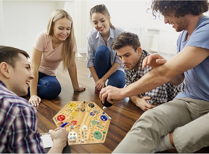 20 Wooden Wahoo Board Game Double-Sided for 4 or 6 Players Fast Track Board Game Original Marble Game Set with 36 Marbles 8 Dice for Family Night Parties and Adult Gifting