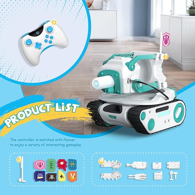 Panxer+Maticontroller - RC Battle Tank Compatible with Eilik Robots Blue/Pink/DQ/Sliver Crawler Car Toys with LED Lights and 2.4Ghz Remote Control Single and Multi-Player Mode Exclude Eilik Robot.