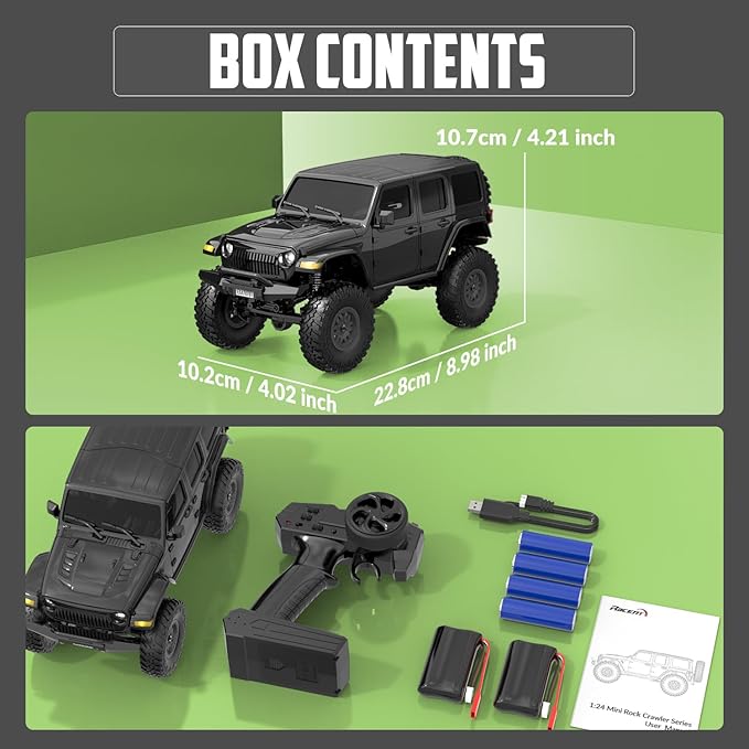 RACENT 1/24 RC Crawler 4WD Off Road All Terrain RC Monster Truck Rock Climbing with led Light Waterproof Hobby Grade Toys with 2 Batteries for Adults (Black)