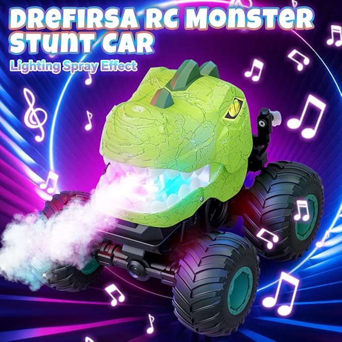 Remote Control Car for Boys Age 4-7 8-12 50min+ Runtime Dinosaur Monster Truck Toy with Spray Light Music Stunts Birthday Gift for Boy 3 4 5 6 7 8 9 10 Year Old