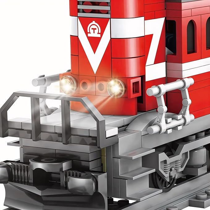 General Jim's Red Diesel Cargo Train Building Blocks Set - 1000+ Piece City Series with Automatic Running System Railway Tracks and Truck - L Gauge - Compatible w/Major Brick Brand Tracks - GJ-EBRT