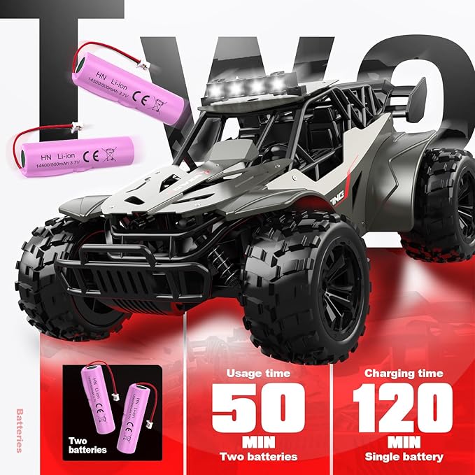 Remote Control Car 2.4GHz Remote Control Truck Metal Shell High Speed 20 KM/H Monster RC Truck Off Road with LED Headlight RC Car Two Rechargeable Batteries 50+min Gifts for Kids 6-12