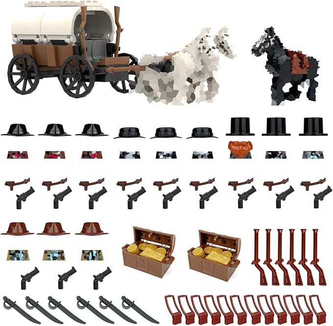 Western Cowboy Building Block Set Compatible with Lego 77012 Set 12 Cow Boy Figures &amp Gun Accessories Dark Wild West Horse White Carriage with Golden Bars &amp Coins Gold Robbery