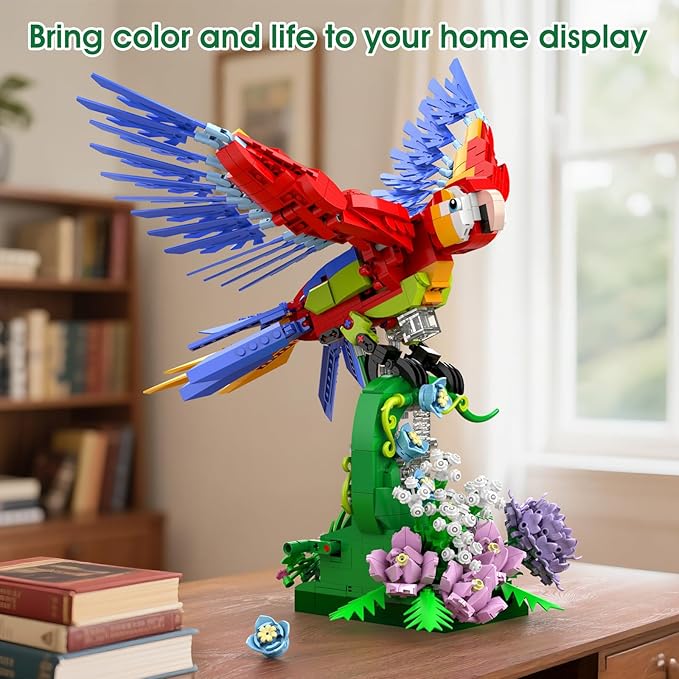 Parrot Building Sets Easter Rotating Flower Base 1176 PCS Mechanical Flapping Bird Model Creative Display Gift Christmas Birthday Ages 14+