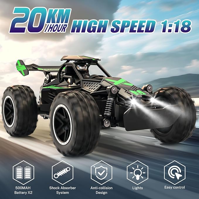 ACAMMZAR Remote Control Car 1:18 High Speed RC Cars for Kids 20KM/H Monster RC Truck Off Road with Lights Toys for Boys Green