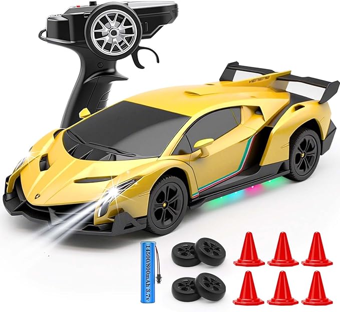QUN XING Remote Control Car 1:24 Officially Licensed Lambo veneno RC Drift Car with LED Lights 2.4GHz 4WD 15KM/H Fast Speed Control Rechargeable Battery 800mah Birthday for Kids Boys 8-12Yellow
