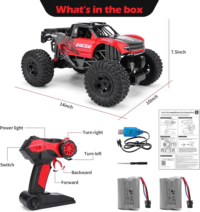 RC Trucks 4x4 Offroad Waterproof - 1:12 Scale Large Amphibious Remote Control Car Dual Motors Crawler Vehicle Monster Truck Toys with 2 Rechargeable Batteries Best Gift for Kids Adults
