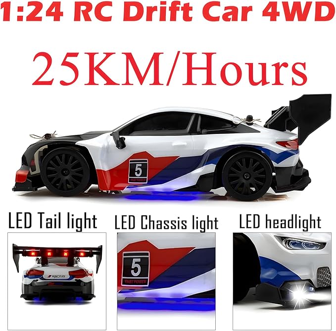 RC Drift Car 2.4GHz 1:24 Scale 4WD 25KM+/H High Speed Model Vehicle with LED Lights Drifting Tire Racing Sport Toy Car for Adults Boys Girls Kids Gift (White)