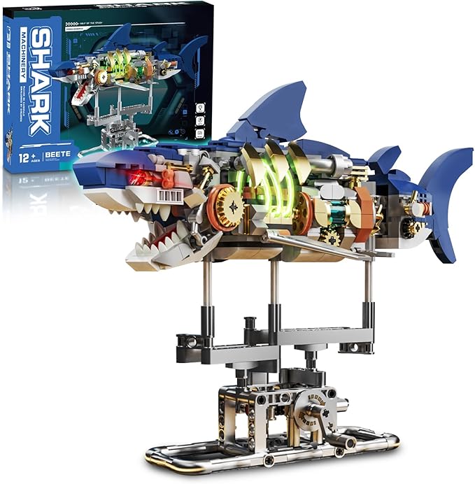 Mechanical Shark Building Block Set with Light Compatible with Lego Shark 687PCS Movable Ocean Sea Animals with Display Stand STEM Fish Toys for Home Office Decor for Adults Boys