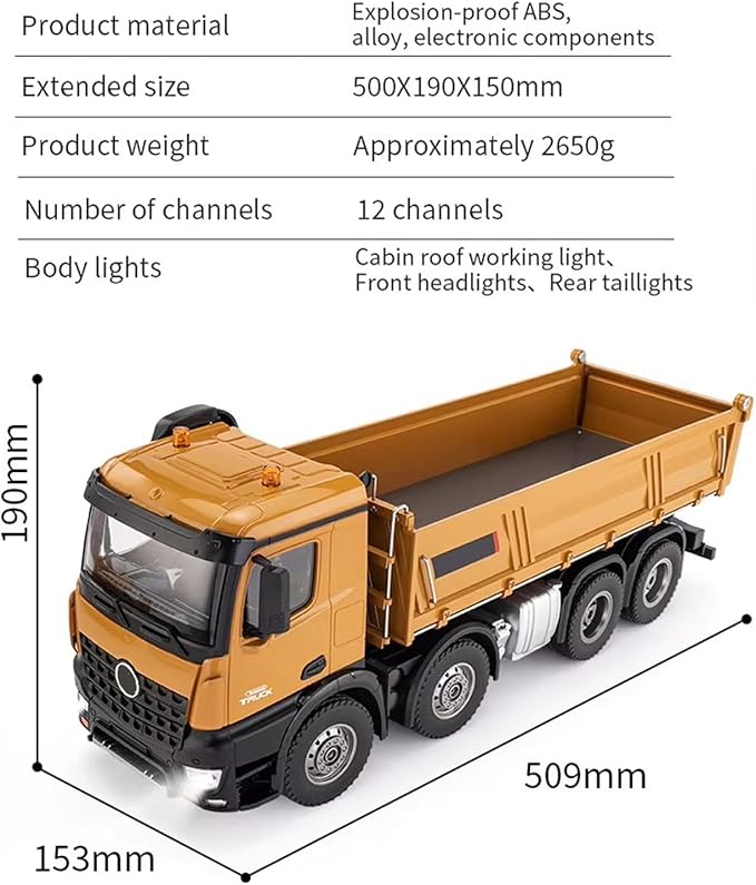 1:14 Scale RC Dump Truck 4WD 2.4Ghz RC Truck with Trailer 12CH RC Construction Vehicle with Light and Sound Four-Wheel Steering RC Toy Car for Boy Girl Birthday Gift
