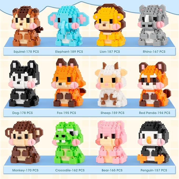 HIGH GODO Animal Party Favors Building Blocks 12 Pack Mini Animals Building Set Goodie Bag Stuffers Classroom Small Prize Toys Gifts for Adults Teens Age 14+