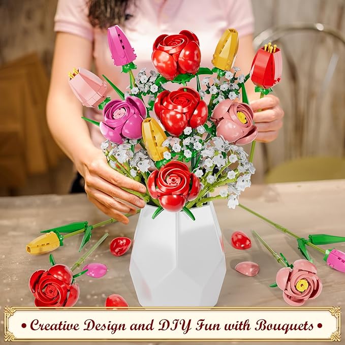 Utbttor Flower Bouquet Building Kit Red Rose &amp Tulips 680 Pcs Building Blocks Set - Valentine's Day Mother's Day Christmas Birthday Gift for Adults Women Her Home Office Decor No Vase