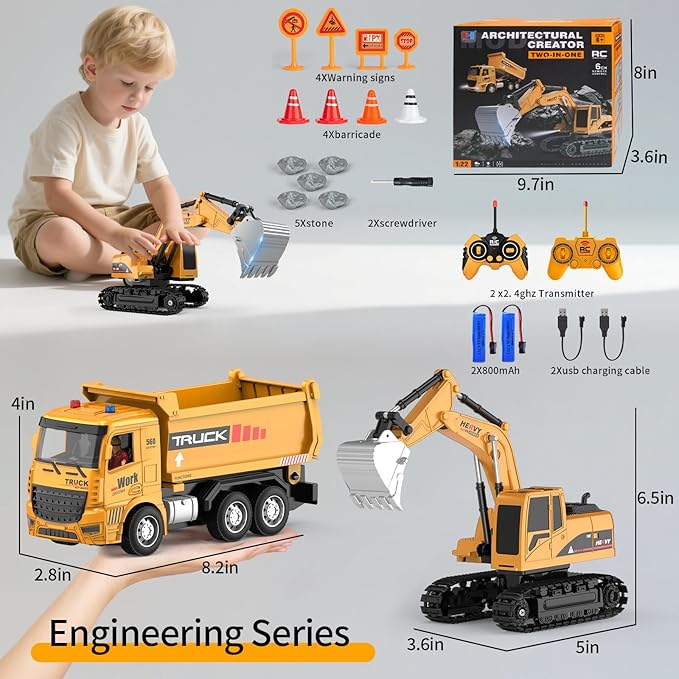 Remote Control Excavator and Dump Truck Toy Set - RC Construction Vehicles Toy with Barricades Road Signs Simulated Rocks Lights and Sounds Present for Toddlers 3-12 Year Boys Girls