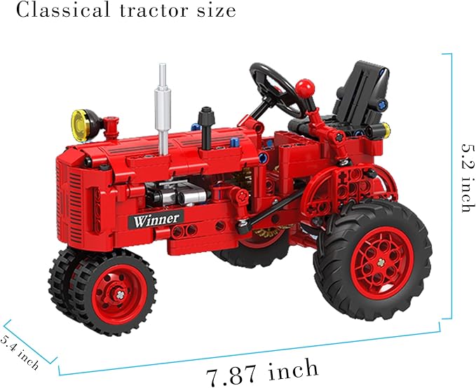 Classic Building Blocks 1/12 Red Tractor Farm Toy Building Set Gift for Kids Ages 6 7 8 9 10 11 12 Includes Shifting Structure Steering Structure Features (Classic Edition)