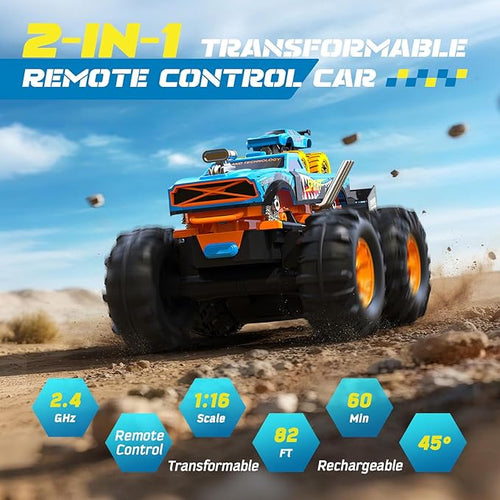 2-in-1 Remote Control Car with Transform Launcher Track – 1:16 RC Monster Truck Toys 2.4GHz Self-Standing 360° Flips Towing Mini Cars &amp Electric Scoring Gate Truck Gift for Kids Boys Girls Age 4-