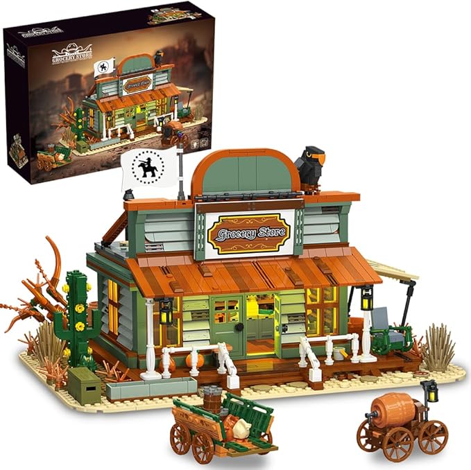 39076 Western Grocery Store Building Block Set Equipped with LED Lights 1827 Pieces Shop Building Model Building Block Kit Adult Creative Enthusiast Model Gifts and Unique Collectibles