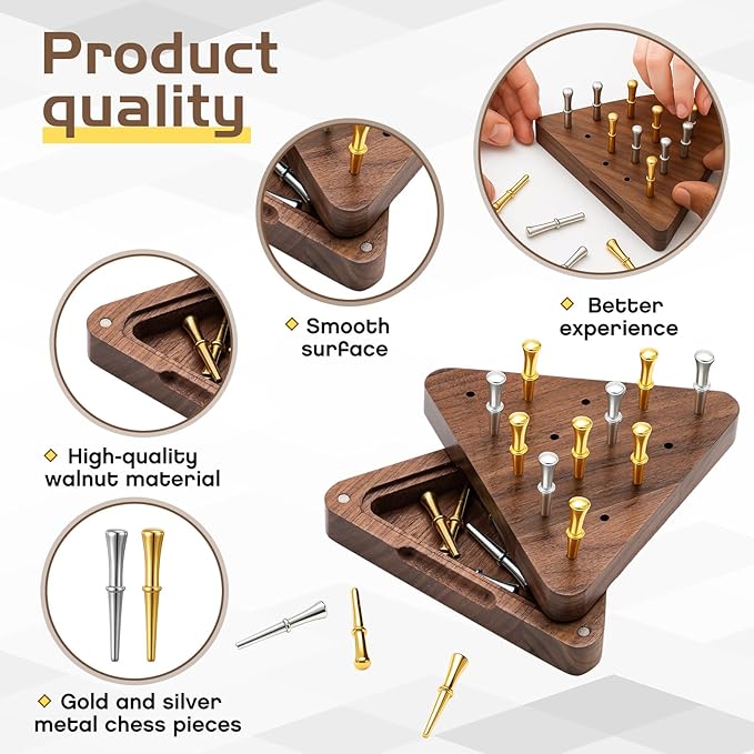 Estune 1 Set 4.3 Inch Walnut Wooden Tricky Triangle Peg Game Portable Board Triangular Game Set with Storage Box for Adults Travel Party
