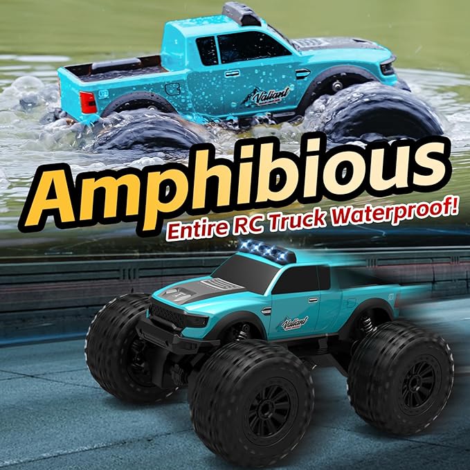 8816 1:12 Amphibious Remote Control Car with Full Proportional Steering-Fully Waterproof All Terrain RC Monster Truck for Kids 6-12+ 7.4V 4WD 2.4Ghz 60+ Min Dual Battery Blue