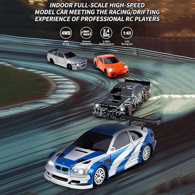 RC Drift Car 1/43 Scale 2.4G Full Proportional RC Electric Mini Racing Drift Car Model with Lights KitRC Model Cars Gifts for Adults (RTR Version/Black and White)