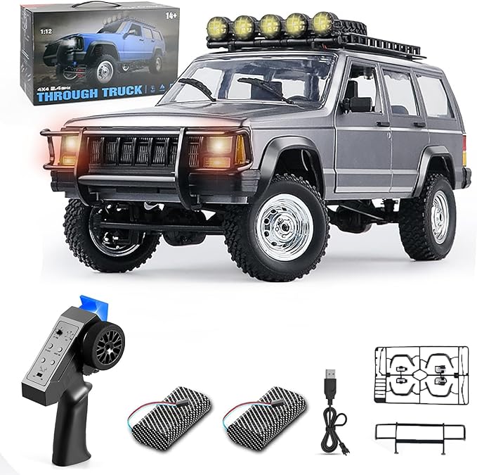 Goolsky RC Rock Crawler 1:12 Scale Remote Control Car 4WD Off Road RC Truck 2.4Ghz All Terrains Climbing Vehicle RC Car with LED Lights for Adults Include 2 Batteries (Silver)