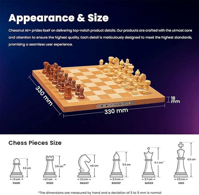 Chessnut Air+ Electronic Chess Set with Full Wooden Board Extra Queens LEDs AI Adaptive Game and App with Computer Chess Board for Ages 8 and Up 2 Players
