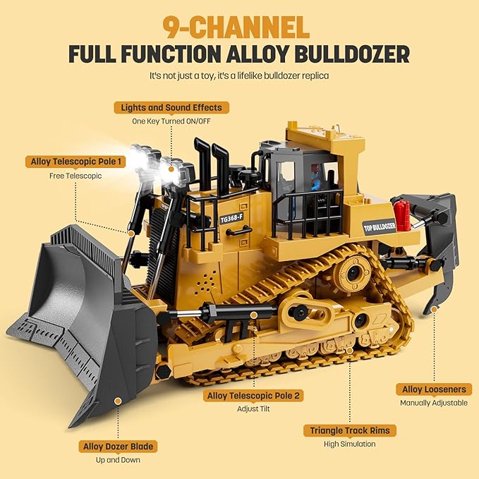 Metal RC Bulldozer Toy for Kids | 9-Channel Remote Control Track-Type Tractor with Lights &amp Sounds Realistic Construction Vehicle Toy for Boys Ages 3-12 Rechargeable Gift for Birthday 2026