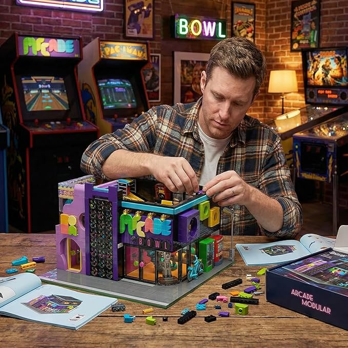 Arcade Modular Building Blocks Set with LED Lights Cyberpunk Retro Arcade Bowl Street View Bricks Collectible Construction Toy for Adults &amp Teens 14+Barweer004 (2600PCS)