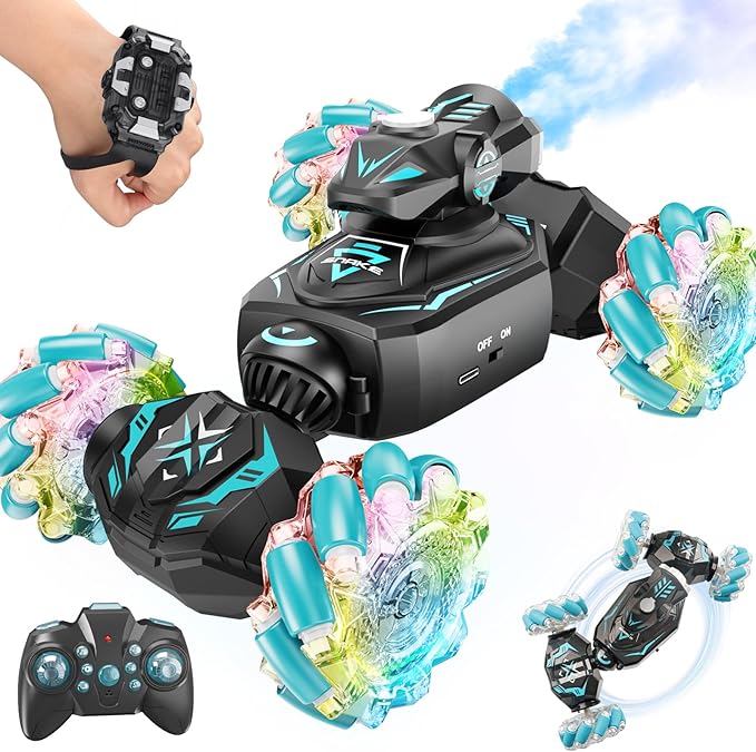Gesture Sensing Remote Control Car RC Cars Toys for Boys Age 6-12 4WD Hand Controlled Twist &amp Transform 360° Spins Stunt Car with Mist Light &amp Music 8-10 Year Old Boys Birthday Gift Blue