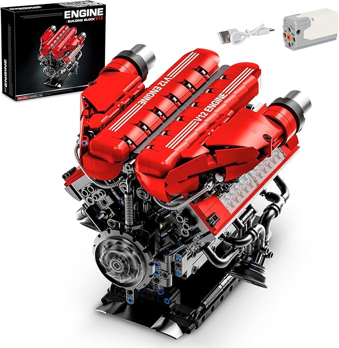 V12 Engine Model Kit That Runs 12-Cylinder Sports Car Engine Building Set with Rechargeable Motor Compatible with Lego for Adults Engineering Construction STEM Toy for Teens (1607 PCS)