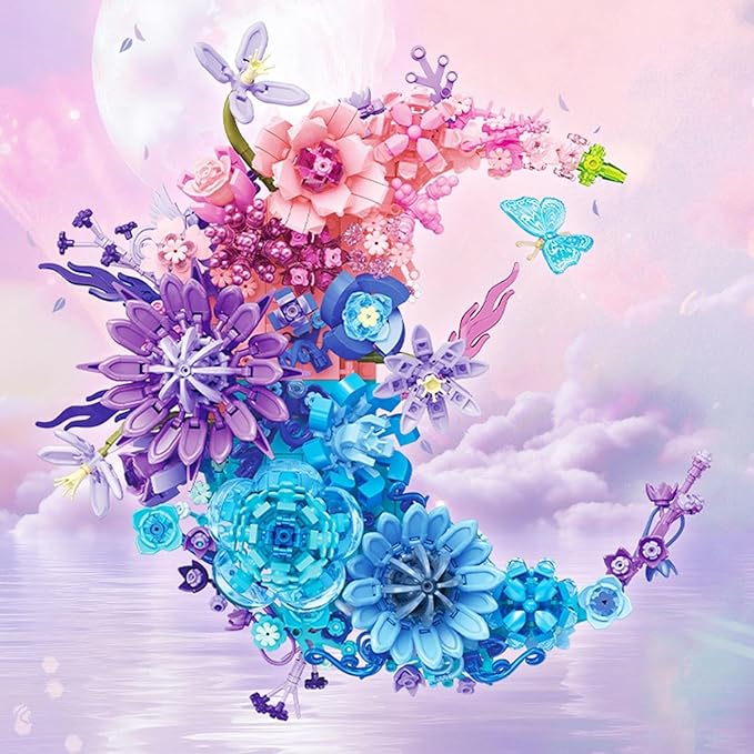 Moon Flowers Building Blocks Set Botanical Collection Blossom for Wall Decor Creative Floral Building Kit Flower Bouquet Botanical Collection for Home Décor Gift for Adults Teens 934 PCS (Pink)