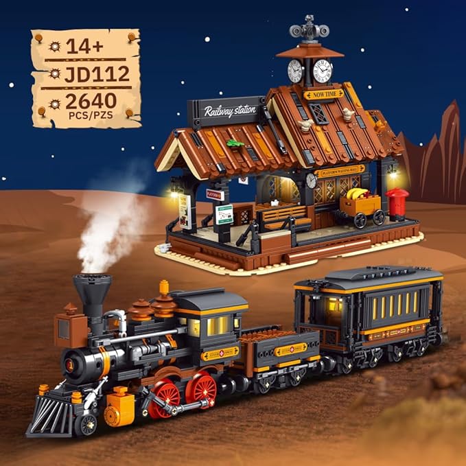 39117 Cowboy City Train Station Building Blocks with LED Lights 2640 PCS Western Railway Station &amp Steam Train Model Kit for Adults Wild West Architecture