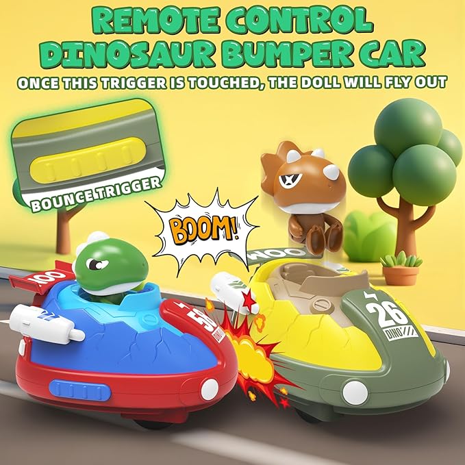 2 Pack Remote Control Car RC Bumper Cars Toys for Toddlers with LED Light and Music Dinosaur Figures Bump and Eject Toys RC Race Cars for Kids Boys Girls Gift