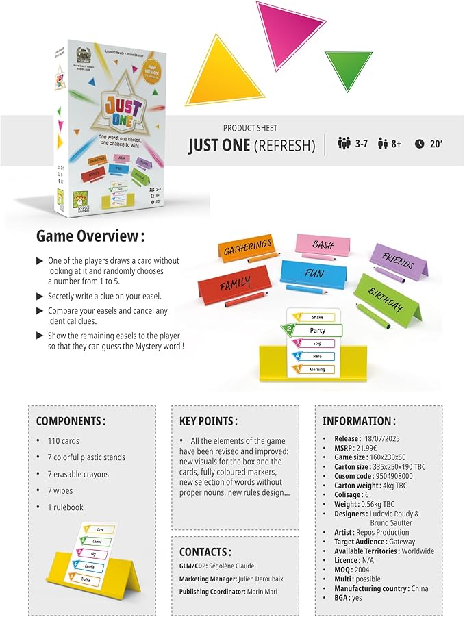 Asmodee Just One Party Game (2025 Refresh) - Cooperative Mystery Word Guessing Fun for Family &amp Friends Kids &amp Adults Ages 8+ 3-7 Players 15 Minute Playtime