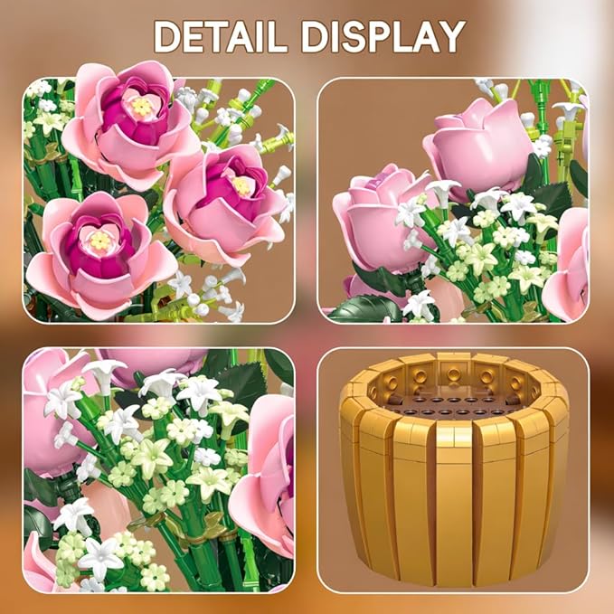 Pink Rose Flower Building Set Botanical Flower Bouquet Building Blocks with Pot DIY Artificial Flowers Decor for Home Office Room Gift for Teens Adults 1059 PCS