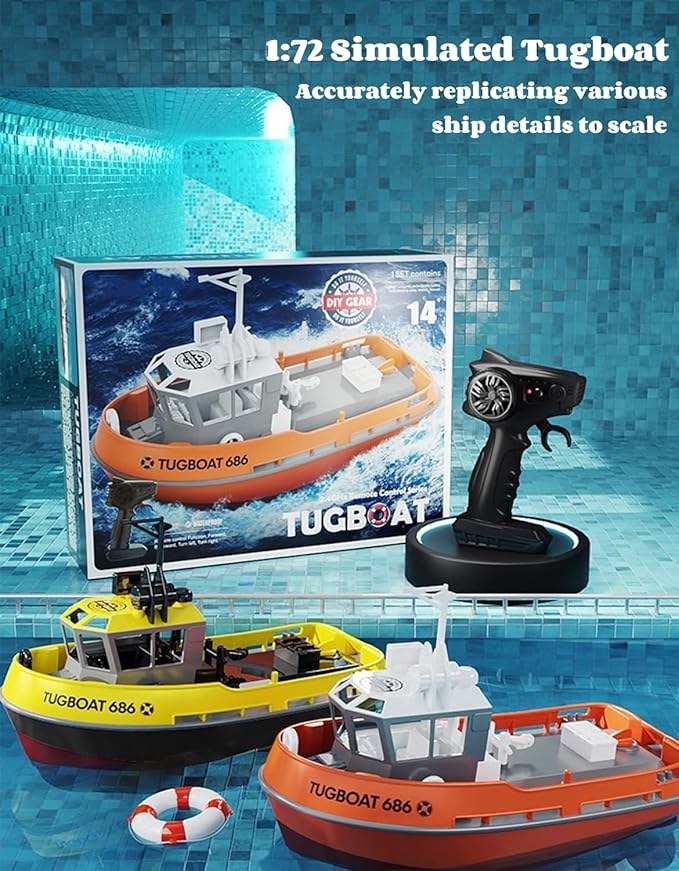 RC Boat 1/72 RC Tugboat for Pools and Lakes 2.4Ghz High-Speed Remote Control Boat with LED Lights and Low Battery Alarm for Teen and Adults